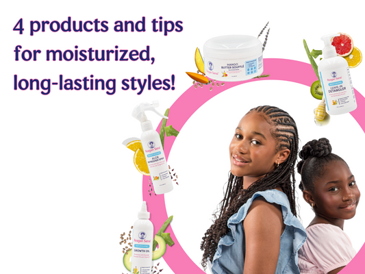 Protective hairstyles for children, featuring well-moisturized and healthy natural hair. Includes images of products like a moisturizing spray, leave-in detangler, mango butter, and growth oil used to maintain hair health and promote growth