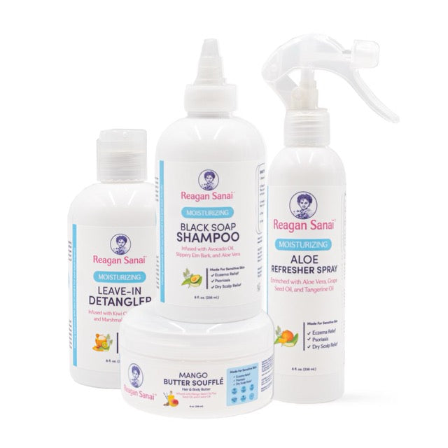 Reagan Sanai hair care set featuring Black Soap Shampoo, Leave-In Detangler, Aloe Refresher Spray, and Mango Butter Soufflé.