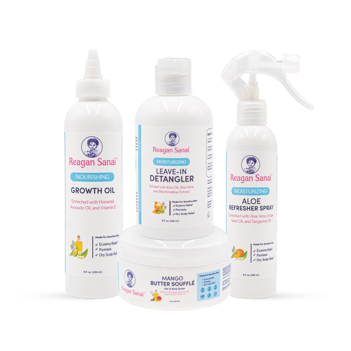 Reagan Sanai natural hair care products including Growth Oil, Leave-In Detangler, Aloe Refresher Spray, and Mango Butter Soufflé.