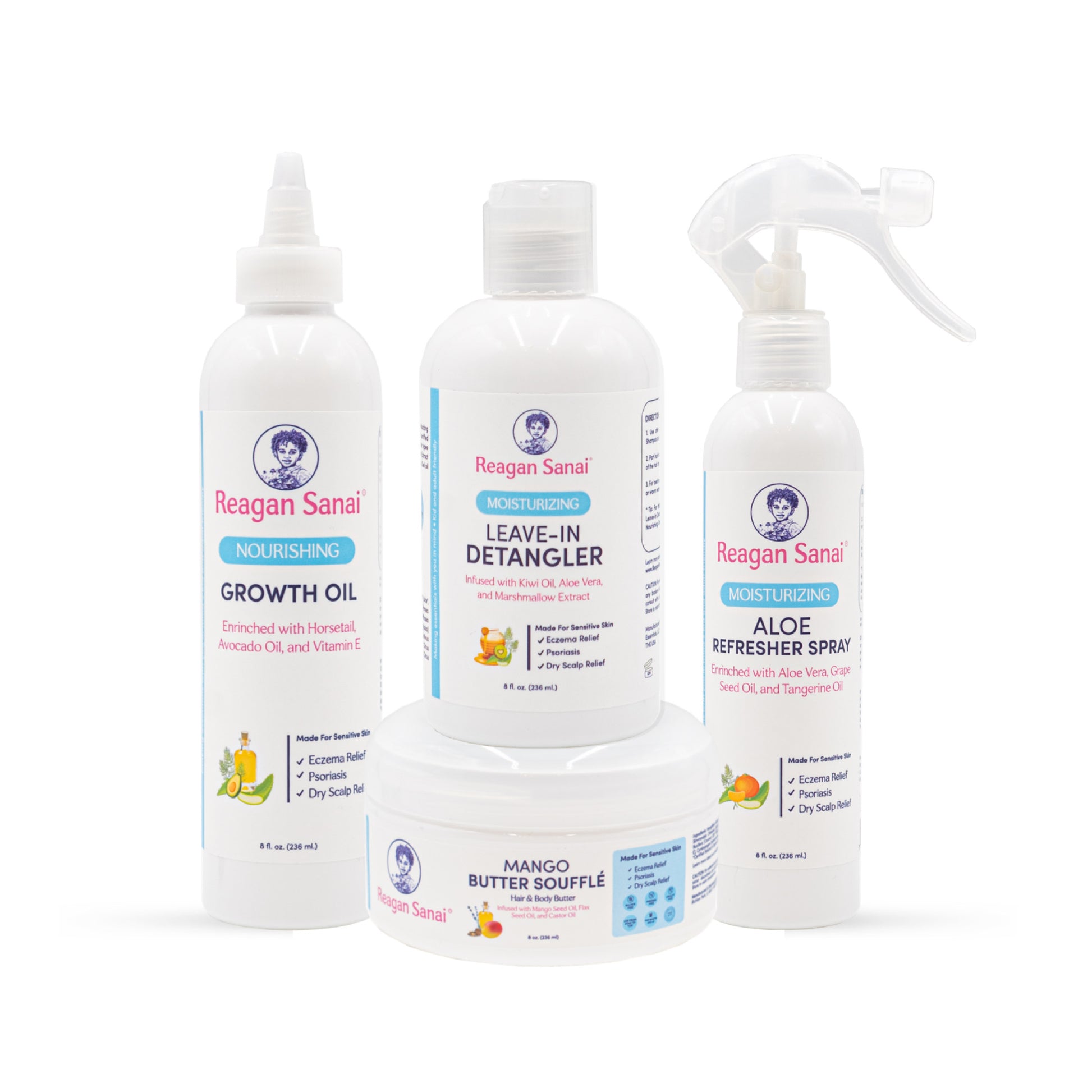 Reagan Sanai natural hair care products including Growth Oil, Leave-In Detangler, Aloe Refresher Spray, and Mango Butter Soufflé.